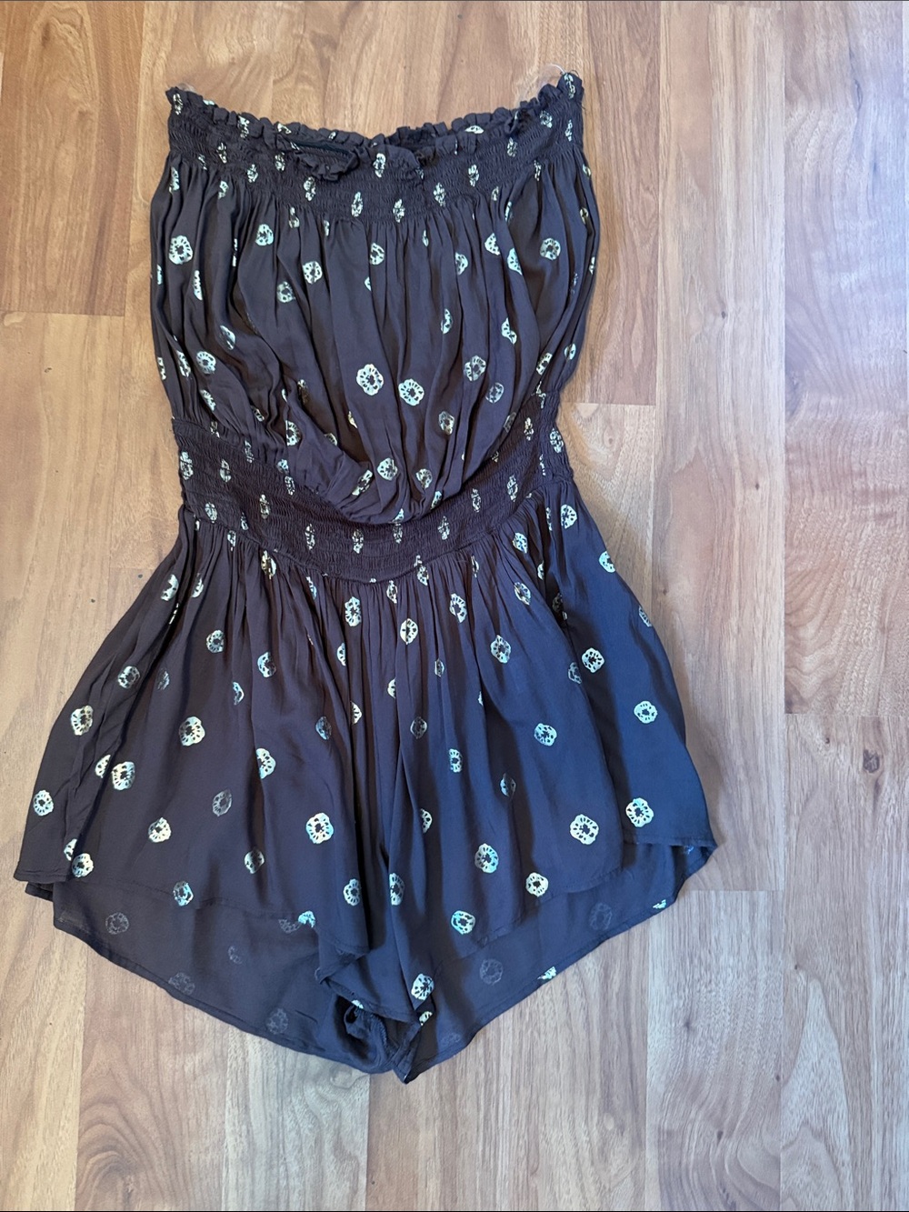 Elan Smocked BrownStrapless Romper with Metallic Dot Print